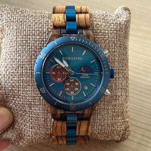 Men's Blue and Wood Chronograph Watch